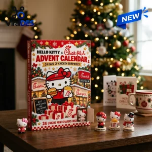Front view of Hello Kitty x Chick-fil-A Advent Calendar 2026 with three small character figurines on a wooden table.
