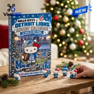Front view of Hello Kitty x Detroit Lions Advent Calendar with miniature figurines on a wooden table.