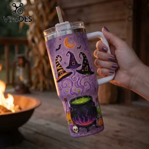 Halloween Magic Witches 40oz Handle Tumbler with purple background, cauldron, three witch hats, bats, and crescent moon.