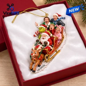 Personalized Movie Character Sleigh Christmas Ornament featuring Santa, Buddy the Elf, Grinch, and others in a red sleigh.