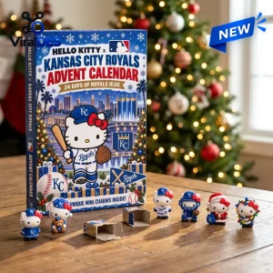 Front view of Hello Kitty x Kansas City Royals Advent Calendar box with miniature figures displayed on a wooden table.