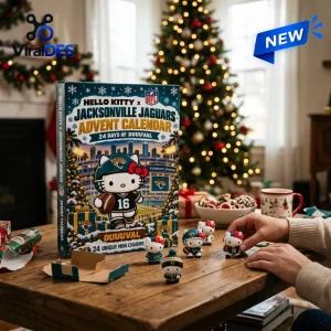 Front view of Hello Kitty x Jacksonville Jaguars advent calendar with miniature figurines on a wooden table.
