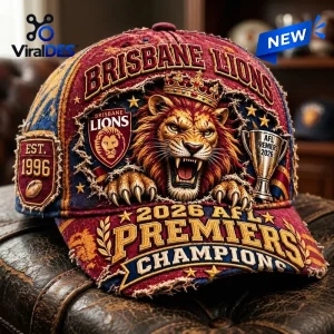Front view of the Brisbane Lions 2026 AFL Premiers Champions Distressed Cap featuring a roaring lion graphic.