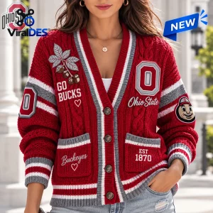 Ohio State Buckeyes Knit Button Ugly Cardigan in red with grey and white stripes, Buckeyes logo patches, and front pockets.
