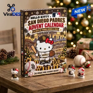 Front view of Hello Kitty x San Diego Padres Advent Calendar box with miniature figurines on a wooden table.