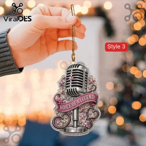 Dolly Parton Pink Rhinestone Acrylic Ornament Set featuring a vintage microphone graphic and text Voice of a Legend.