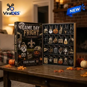 Front view of a New Orleans Saints Halloween 2026 Advent Calendar featuring 24 numbered slots with team-themed ornaments.