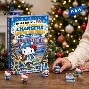 Front view of Hello Kitty Los Angeles Chargers advent calendar box with small collectible figurines on a wooden table.