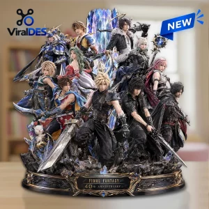 Front view of an acrylic plaque featuring a group of diverse warriors, marked with Final Fantasy 40th Anniversary text.