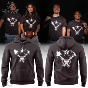 UTEP Miners Football Dark Charcoal Hoodie featuring white pickaxe, shovel, and star graphic on front and back.