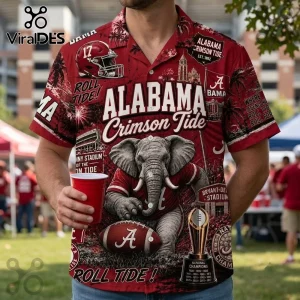 Alabama Crimson Tide Mascot Hawaiian Shirt featuring a central elephant graphic, football, and team stadium motifs in red.