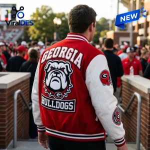 Georgia Bulldogs Mascot Baseball Jacket featuring red wool body, white leather sleeves, and large bulldog patch on back.