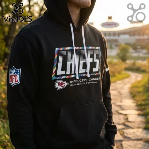 Kansas City Chiefs 2026 NFL Crucial Catch black hoodie featuring a multi-colored logo and Intercept Cancer branding.