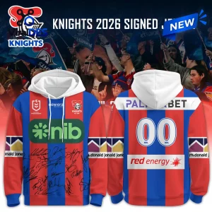 Front and back view of the Newcastle Knights 2026 Signature Jersey Hoodie with red, blue, and white colors.