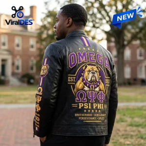 Back view of a person wearing an Omega Psi Phi 1911 Mascot Leather Jacket with bulldog graphic.