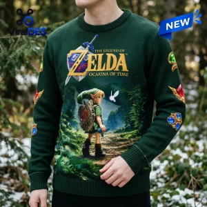 Front view of a dark green knit sweater featuring The Legend of Zelda Ocarina of Time graphic and side sleeve details.