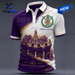 Omega Psi Phi Fraternity Crest Polo Shirt featuring purple and white fabric, Greek letters, and historical building graphics.