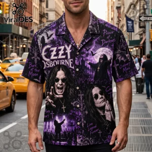 Ozzy Osbourne Purple Prince of Darkness Hawaiian shirt featuring portraits, full moon, bats, and gothic band typography.