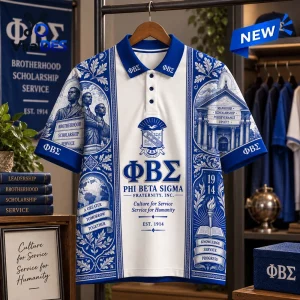 Premium Phi Beta Sigma Fraternity Polo Shirt featuring blue and white historical graphics, pillars, and Greek lettering.