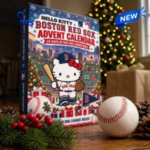 Front view of a Boston Red Sox advent calendar featuring a character holding a baseball bat in a stadium setting.