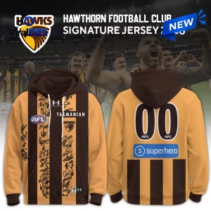 Hawthorn Hawks 2026 Signature Team Hoodie featuring gold and brown vertical stripes, player signatures, and AFL branding.