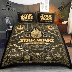 Star Wars 50th Anniversary Millennium Falcon duvet set with black and gold graphic prints and matching pillowcases.