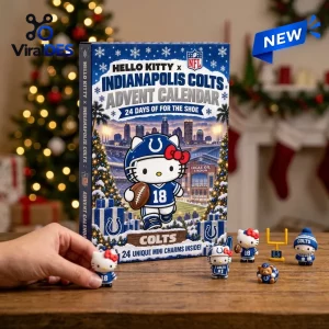 Front view of Hello Kitty x Indianapolis Colts Advent Calendar with small character figurines on a wooden table.