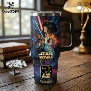 Star Wars Episode IV 50th Anniversary 40oz Tumbler with Darth Vader, Luke Skywalker, and Millennium Falcon print on steel.
