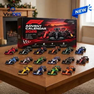 Front view of an advent calendar box with diecast cars displayed on a wooden table.
