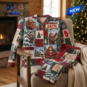 Personalized Bigfoot Christmas Quilted Pajama Set featuring Sasquatch illustrations, plaid patterns, and custom name tag.