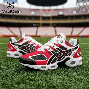 Kansas City Chiefs Custom Air Max Plus Sports Sneakers with red, white, and black colors on a green grass field background.