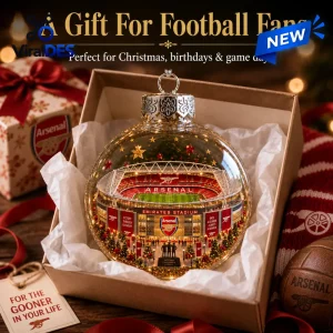 Front view of an Arsenal FC Emirates Stadium Christmas Ornament inside a gift box.
