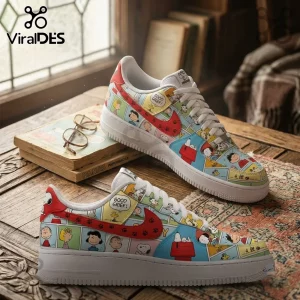 Snoopy Cartoon Character Air Force 1 shoes featuring multi-colored Peanuts comic strip panels and red side swooshes.