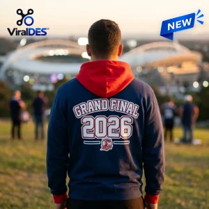 Rear view of Sydney Roosters Blue Grand Final 2026 Hoodie worn outdoors with stadium in background.