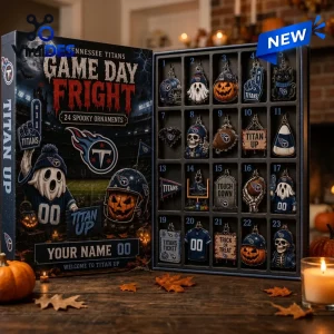 Open Tennessee Titans Halloween 2026 Advent Calendar revealing twenty-four numbered spooky football themed ornaments.