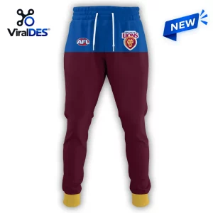 Brisbane Lions AFL 2026 Team Signature Hoodie styled joggers in maroon and blue with white drawstrings and gold cuffs.