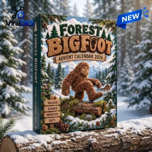 Perspective view of a Forest Bigfoot Hand-Carved Advent Calendar box sitting in snow against a winter backdrop.