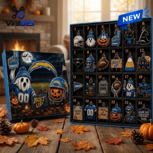 Front view of Los Angeles Chargers Halloween advent calendar with twenty-four numbered compartments.