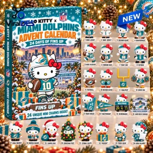 Front view of a Miami Dolphins advent calendar featuring 24 miniature Hello Kitty figures in team-themed outfits.
