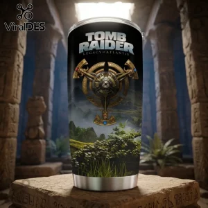 Tomb Raider Legacy of Atlantis Lara Croft tumbler featuring a metallic scion relic design against a jungle temple background.