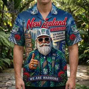 New Zealand Warriors Kia Kaha Hawaiian shirt featuring a bearded man wearing sunglasses and team graphics on a blue background.