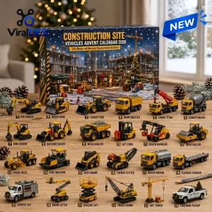 Front view of the Construction Site Vehicles Advent Calendar 2026 box with twenty-four toy trucks displayed in front.