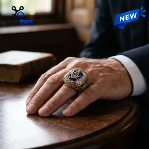 Freemason Square and Compasses ring with blue stone inlay and gold symbols on a man's hand resting on a wooden table.