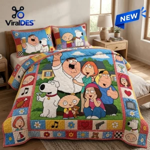 Family Guy Characters Quilted Bedding Set featuring Peter, Lois, Stewie, Brian, Chris, and Meg on a colorful patch quilt.
