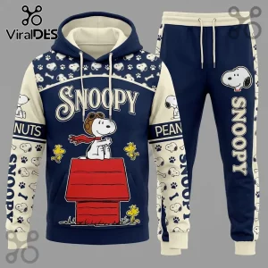 Snoopy Flying Ace Navy Blue Hoodie Jogger set featuring Peanuts characters on a blue background with red doghouse.