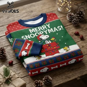 Snoopy Merry Snoopymas Green Ugly Christmas Sweater featuring Snoopy, Woodstock, and festive holiday patterns.