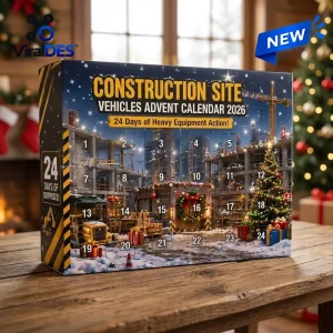 Front view of the Construction Site Vehicles Advent Calendar 2026 box with numbered doors on a wooden table.