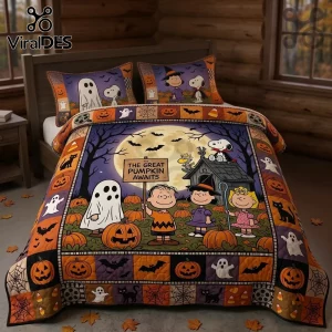 Peanuts Great Pumpkin Halloween Bedding Quilt Set featuring Snoopy, Charlie Brown, and Lucy in a pumpkin patch at night.