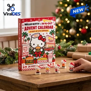 Front view of Hello Kitty x In-N-Out Burger Advent Calendar box with five miniature character figures on a wooden table.