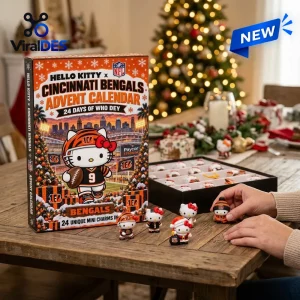 Front view of Hello Kitty x Cincinnati Bengals Advent Calendar with mini figures on a wooden table near a Christmas tree.